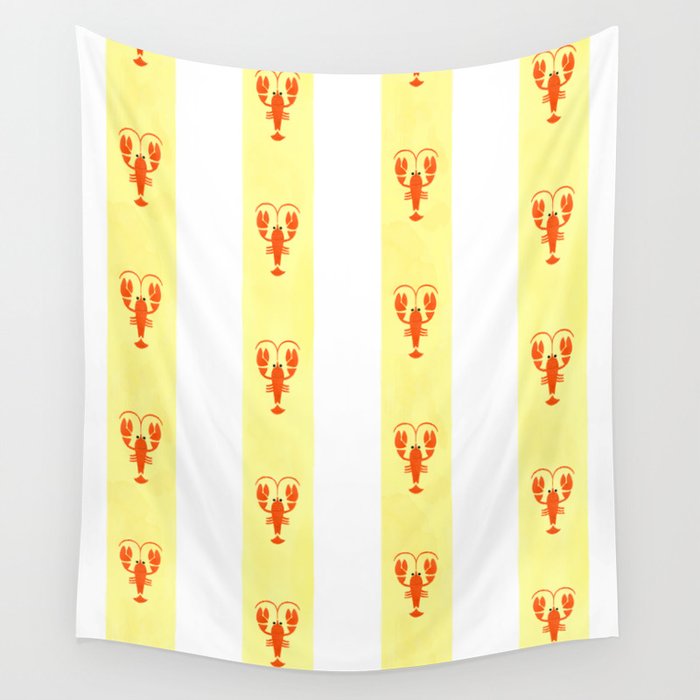 Red Lobsters On Hand-Painted Sunny Yellow Stripes Wall Tapestry Gallery Image 1