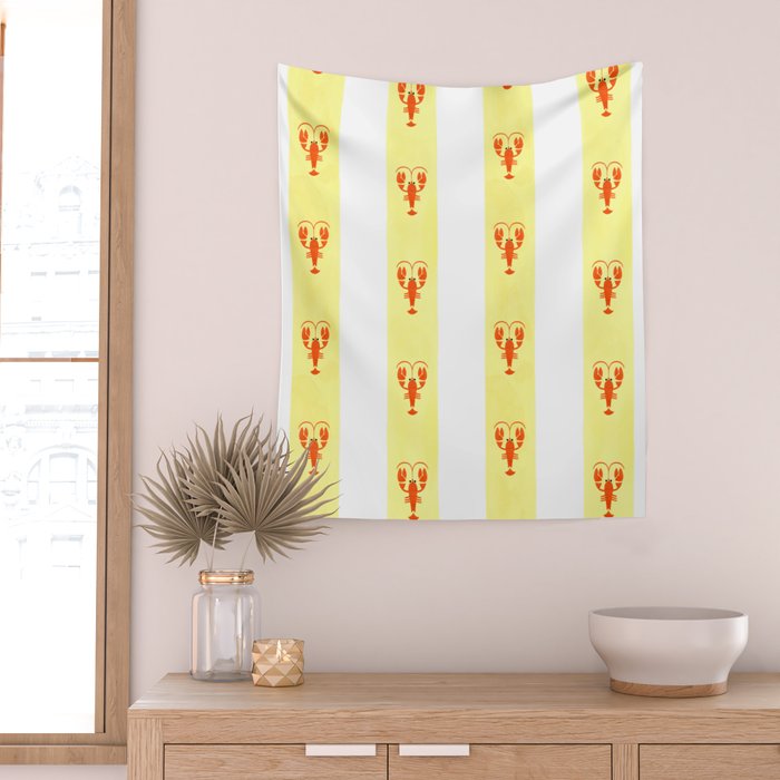 Red Lobsters On Hand-Painted Sunny Yellow Stripes Wall Tapestry Gallery Image 2