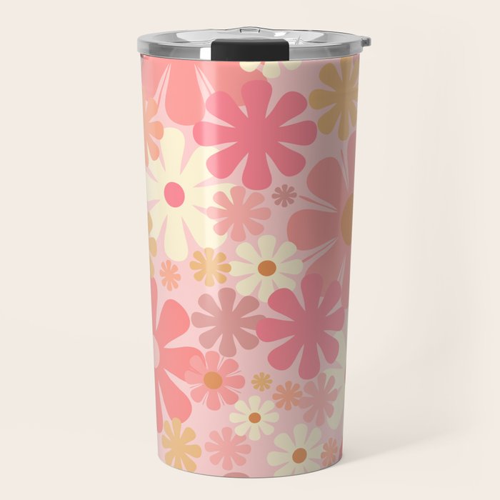 Blush Pink 60s 70s Vintage Flower Power Floral Pattern Travel Mug Gallery Image 1