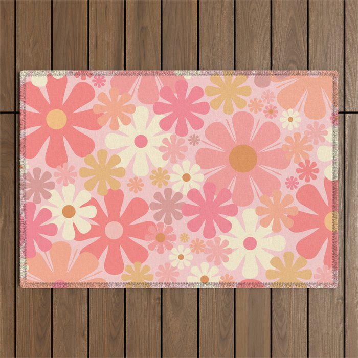 Blush Pink 60s 70s Vintage Flower Power Floral Pattern Outdoor Rug Gallery Image 1