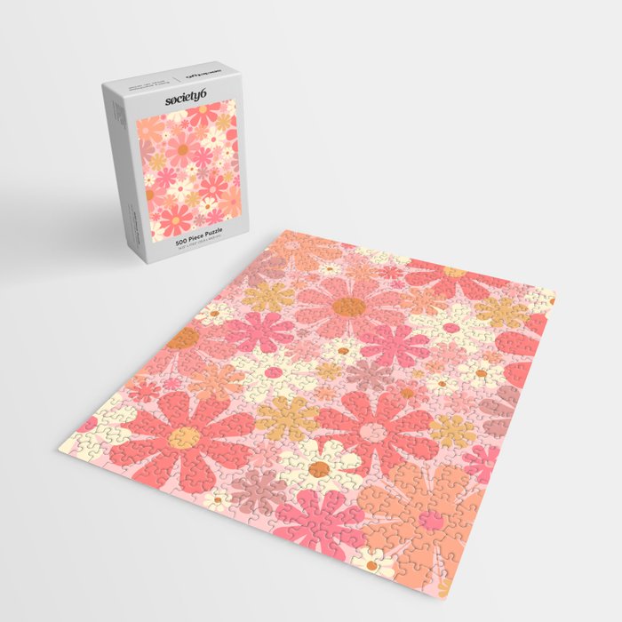 Blush Pink 60s 70s Vintage Flower Power Floral Pattern Jigsaw Puzzle Gallery Image 2