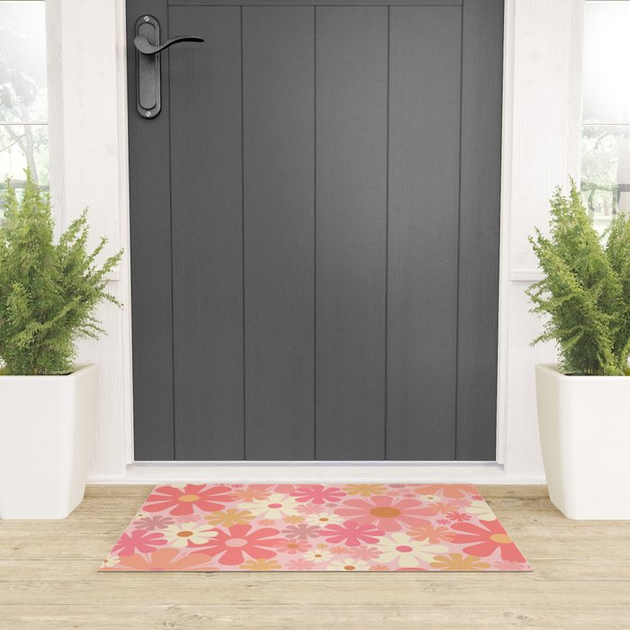 Blush Pink 60s 70s Vintage Flower Power Floral Pattern Welcome Mat Gallery Image 3