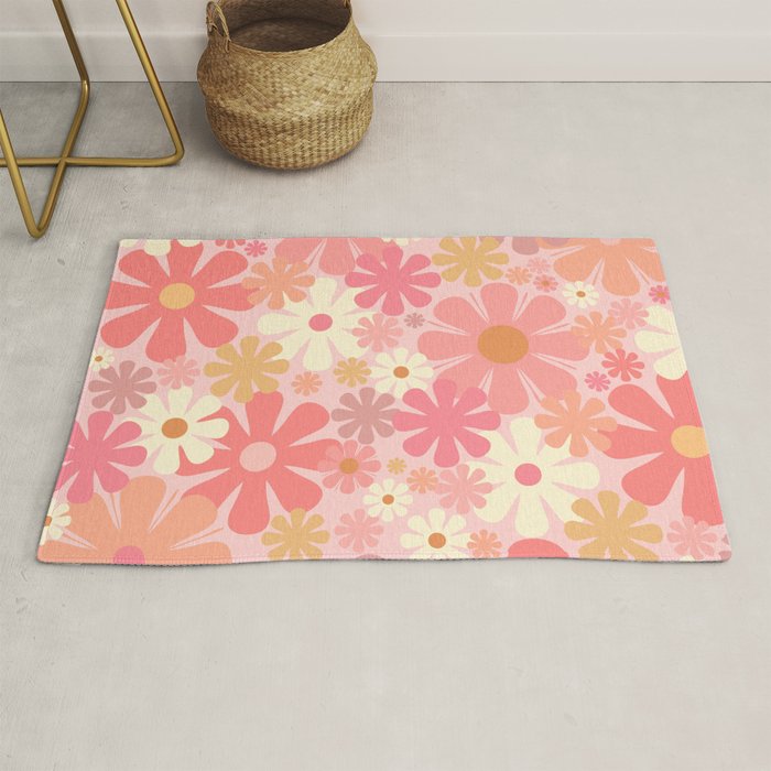Blush Pink 60s 70s Vintage Flower Power Floral Pattern Rug Gallery Image 1
