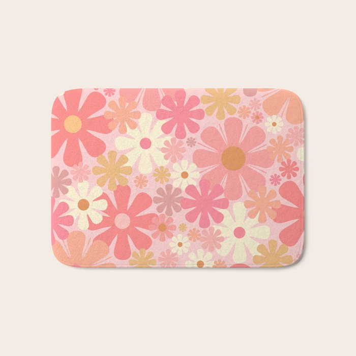 Blush Pink 60s 70s Vintage Flower Power Floral Pattern Bath Mat Gallery Image 1