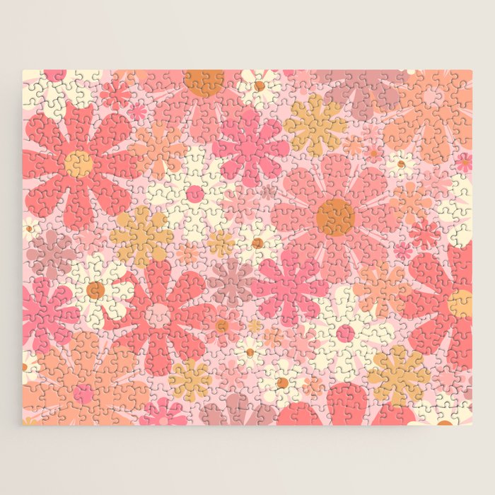 Blush Pink 60s 70s Vintage Flower Power Floral Pattern Jigsaw Puzzle Gallery Image 1