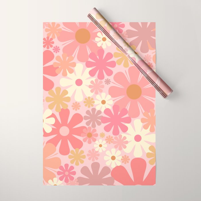 Blush Pink 60s 70s Vintage Flower Power Floral Pattern Wrapping Paper Gallery Image 1
