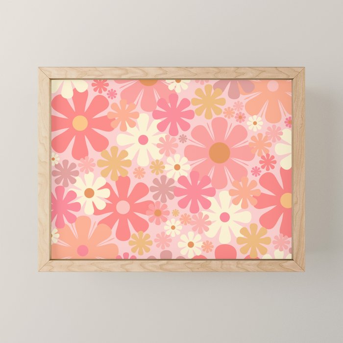 Blush Pink 60s 70s Vintage Flower Power Floral Pattern Mini Art Print Gallery Image 1