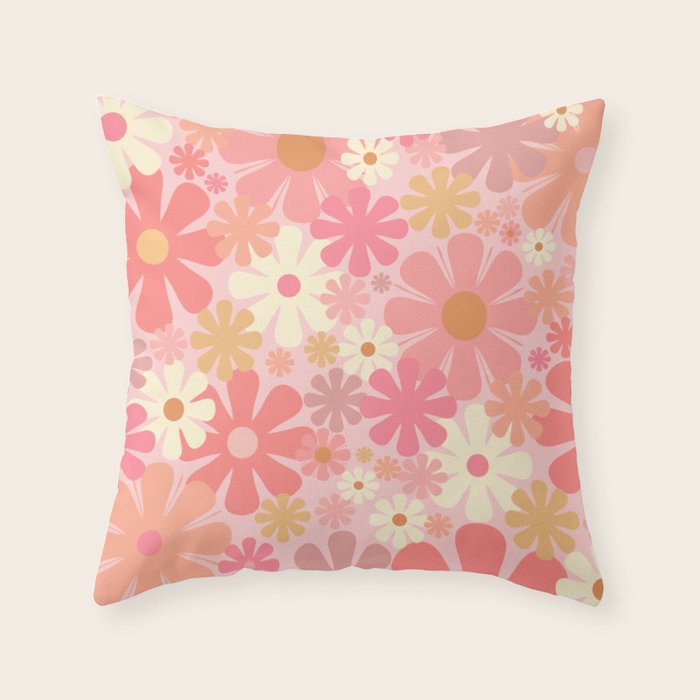 Blush Pink 60s 70s Vintage Flower Power Floral Pattern Throw Pillow Gallery Image 6