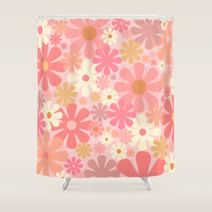Blush Pink 60s 70s Vintage Flower Power Floral Pattern Shower Curtain Gallery Image 1