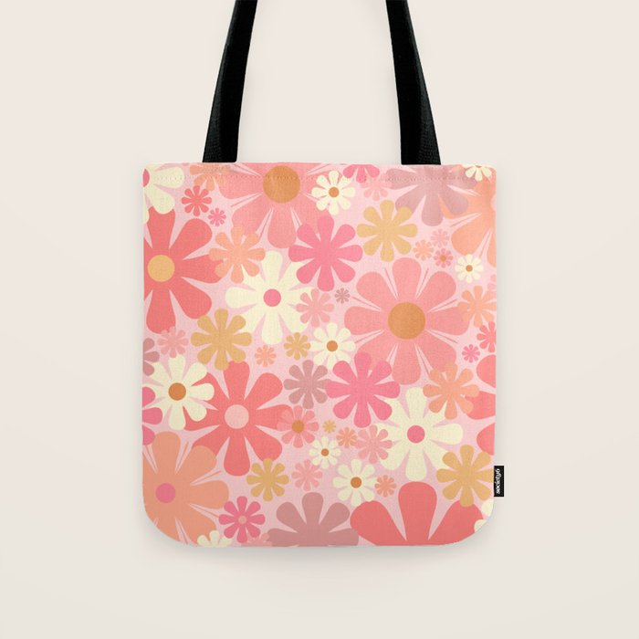 Blush Pink 60s 70s Vintage Flower Power Floral Pattern Tote Bag Gallery Image 1