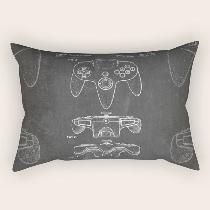 Video Game Controller Patent - Retro Gaming Game Room Art - Black Chalkboard Rectangular Pillow Gallery Image 1