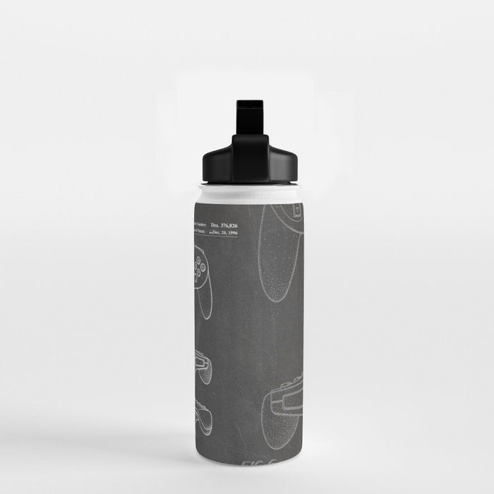 Video Game Controller Patent - Retro Gaming Game Room Art - Black Chalkboard Water Bottle Gallery Image 2