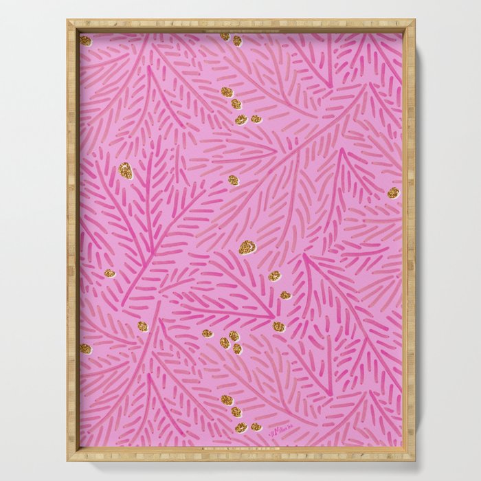 Winter Berries & Pine Branches in Pink & Gold Serving Tray Gallery Image 1