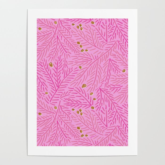 Winter Berries & Pine Branches in Pink & Gold Poster Gallery Image 1