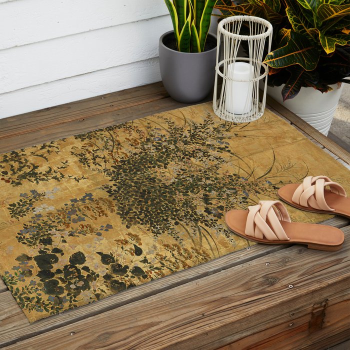 Vintage Japanese Floral Gold Leaf Screen With Morning Glory Outdoor Rug Gallery Image 2