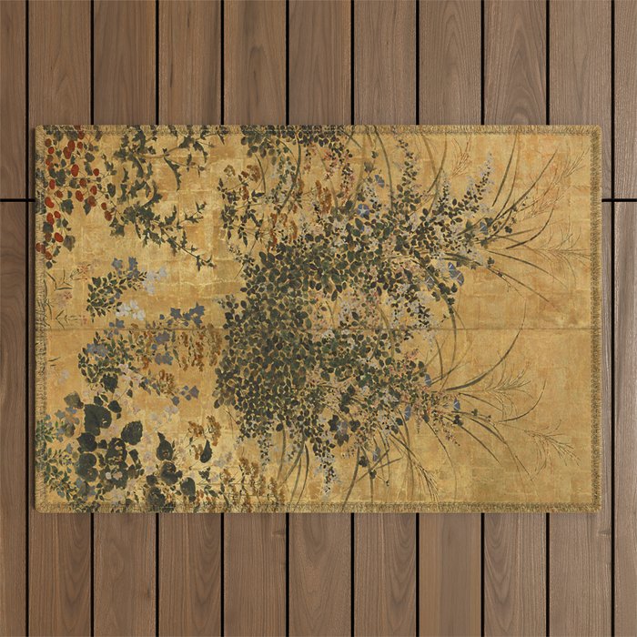 Vintage Japanese Floral Gold Leaf Screen With Morning Glory Outdoor Rug Gallery Image 1