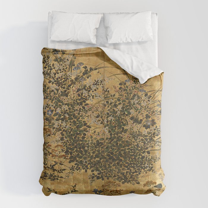 Vintage Japanese Floral Gold Leaf Screen With Morning Glory Duvet Cover Gallery Image 6