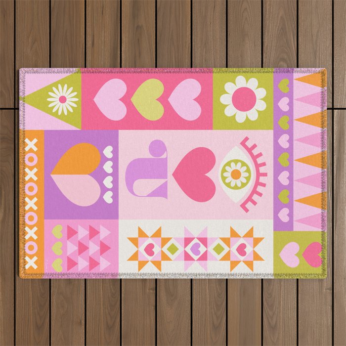 I Love You Checkerboard - Pink & Orange Outdoor Rug Gallery Image 1