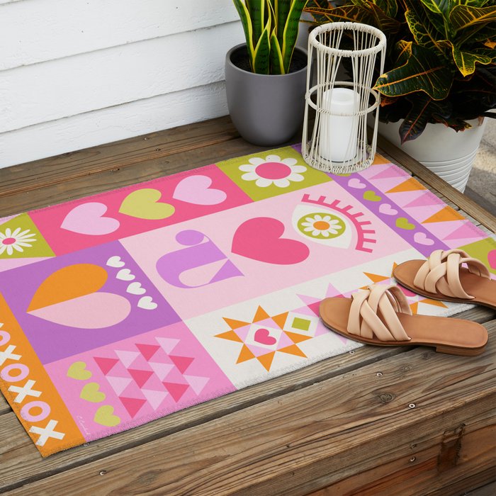 I Love You Checkerboard - Pink & Orange Outdoor Rug Gallery Image 2