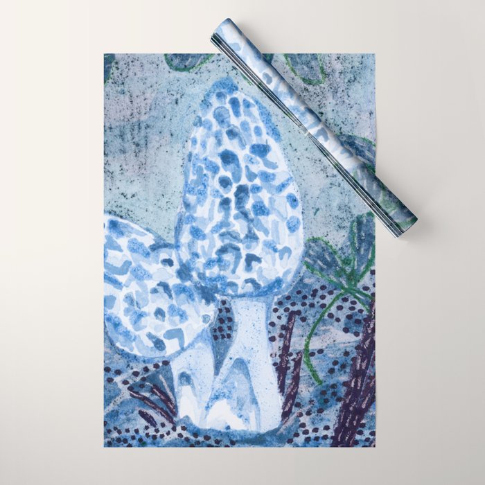 Little Morel Mushrooms in Blue Night Wrapping Paper Gallery Image 1