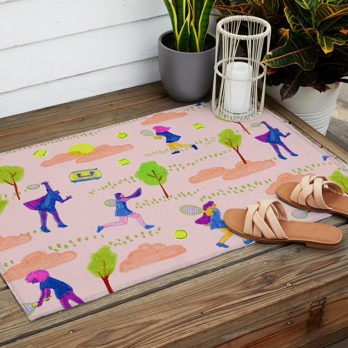 Let's Play Tennis in Peachy Pink Outdoor Rug Gallery Image 2