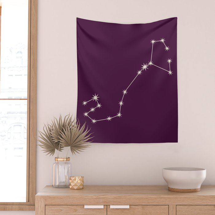 Scorpio Zodiac Star Constellation Line Art Plum Purple Wall Tapestry Gallery Image 2