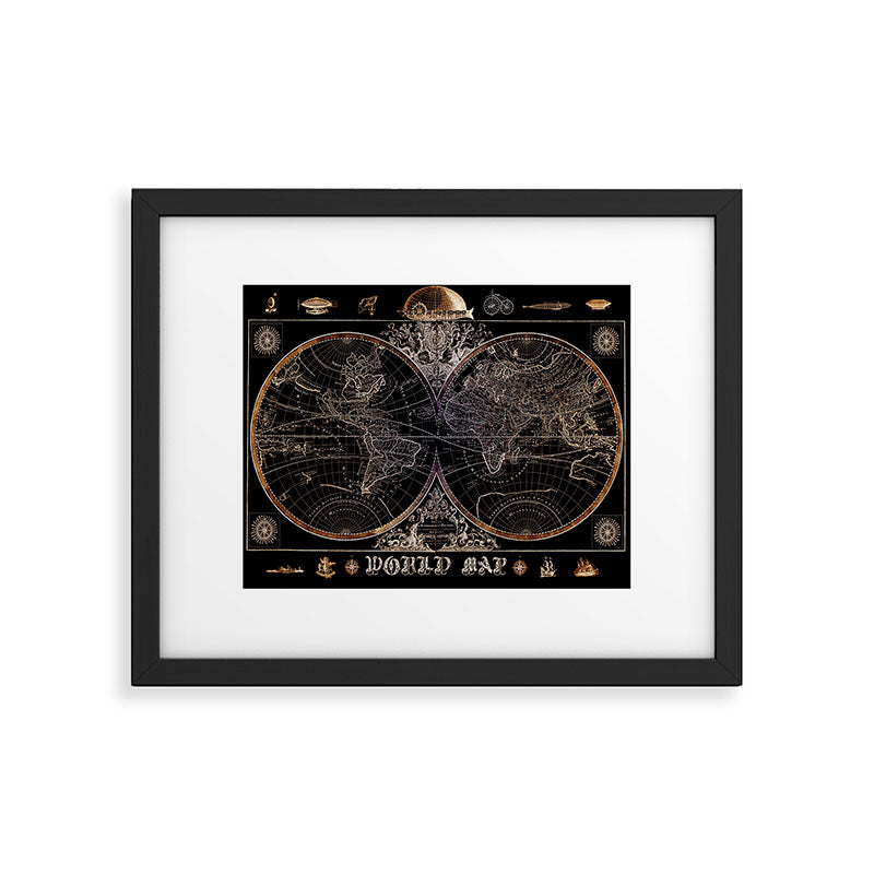 world map old vintage black Framed Art Print Gallery Image 5