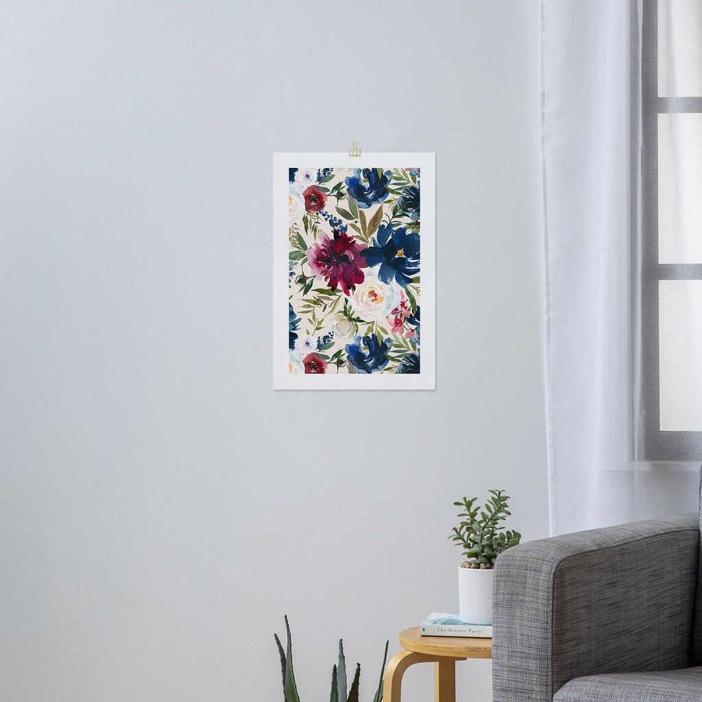 Burgundy Navy Cream Floral Watercolor Pattern B Art Print Gallery Image 3