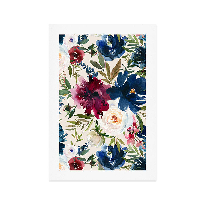 Burgundy Navy Cream Floral Watercolor Pattern B Art Print Gallery Image 1