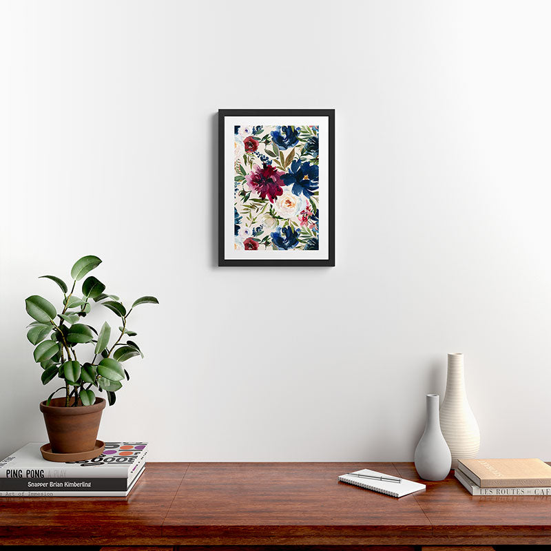 Burgundy Navy Cream Floral Watercolor Pattern B Framed Art Print Gallery Image 2