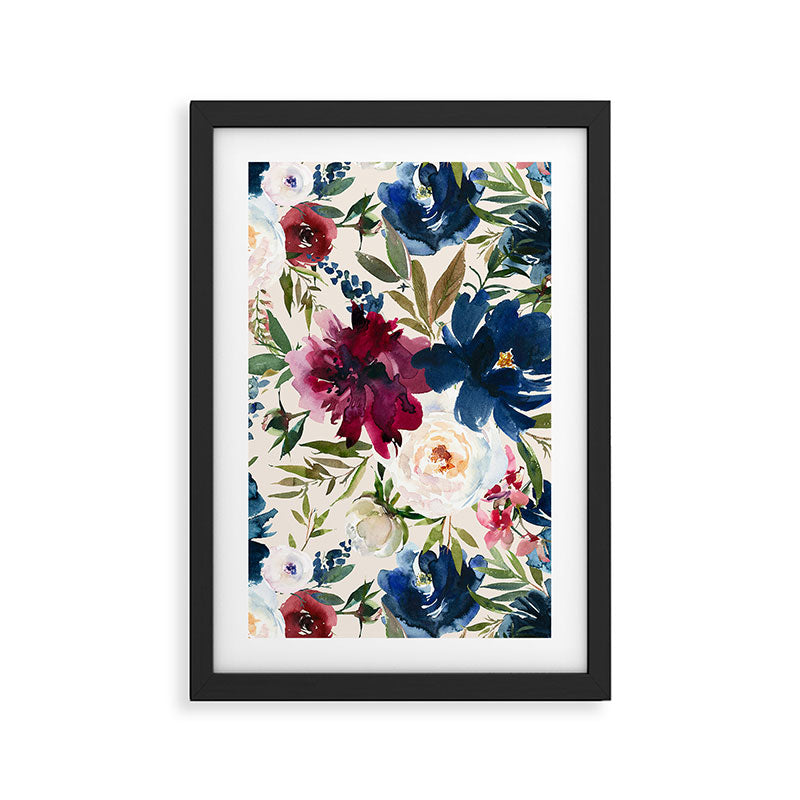Burgundy Navy Cream Floral Watercolor Pattern B Framed Art Print Gallery Image 2