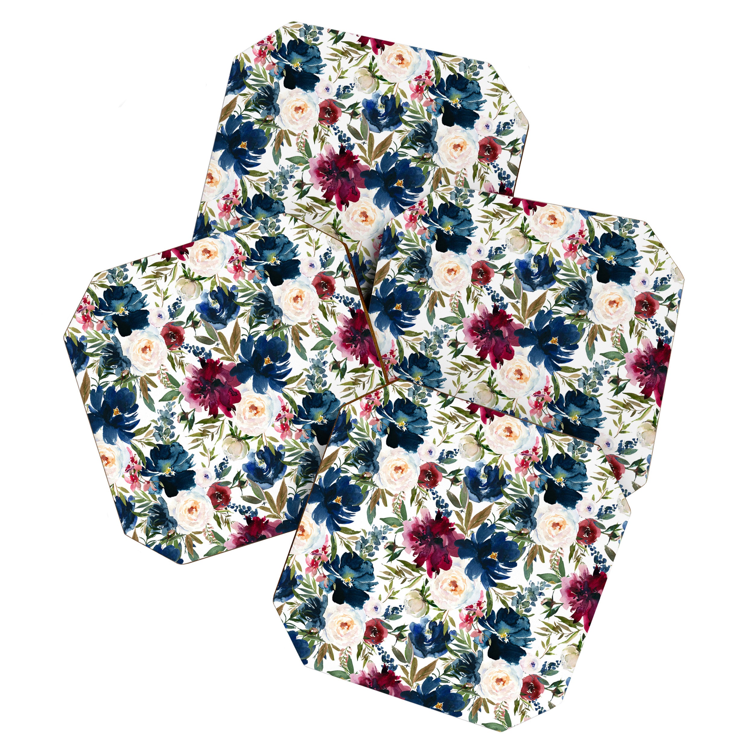 Burgundy Navy Floral Watercolor Pattern A  Coaster Gallery Image 1