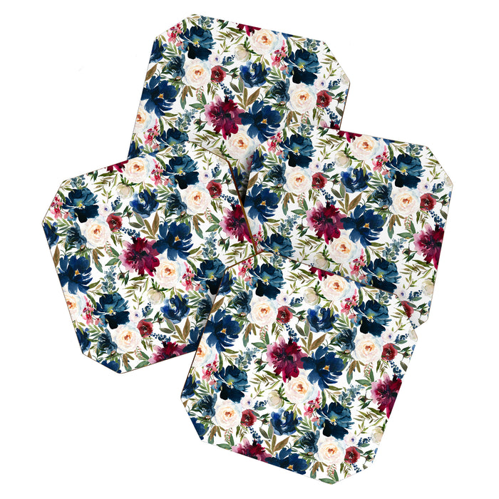 Burgundy Navy Floral Watercolor Pattern A  Coaster Gallery Image 1