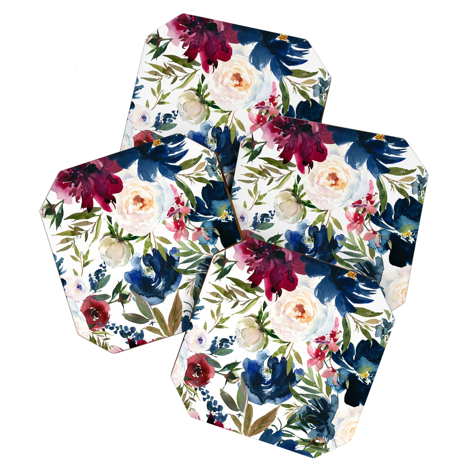 Burgundy Navy Floral Watercolor Pattern A OS Coaster Gallery Image 1