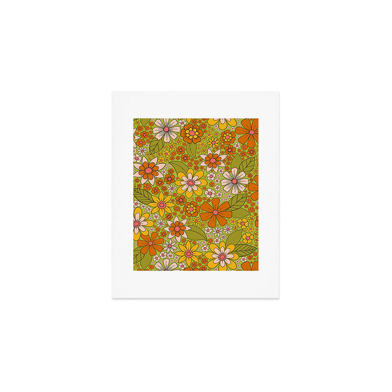 1960s, 1970s Retro Floral in Green, Pink & Orange - Flower Power Art Print Gallery Image 1