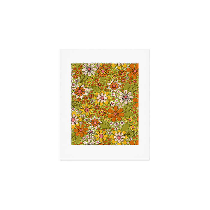 1960s, 1970s Retro Floral in Green, Pink & Orange - Flower Power Art Print Gallery Image 1