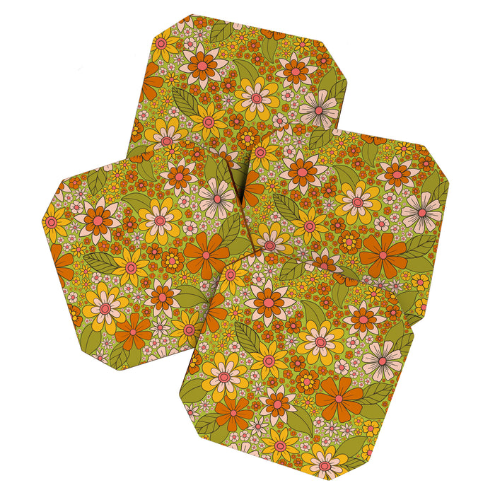 1960s, 1970s Retro Floral in Green, Pink & Orange - Flower Power Coaster Gallery Image 1