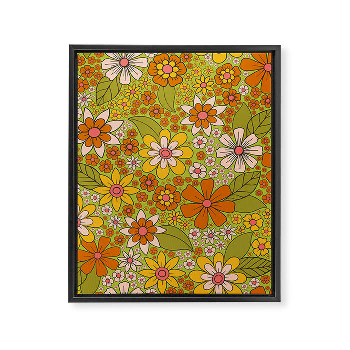 1960s, 1970s Retro Floral in Green, Pink & Orange - Flower Power Framed Canvas Print Gallery Image 1