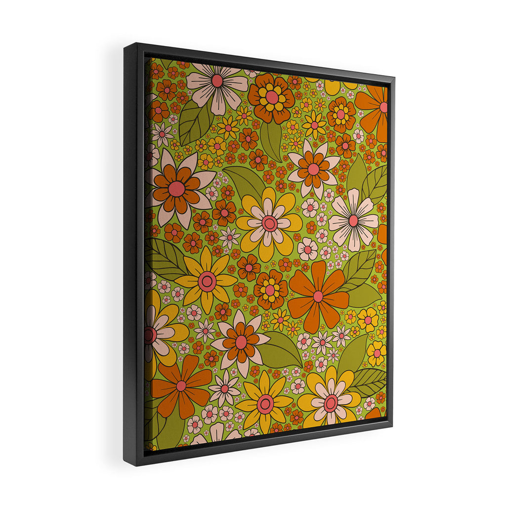 1960s, 1970s Retro Floral in Green, Pink & Orange - Flower Power Framed Canvas Print Gallery Image 2