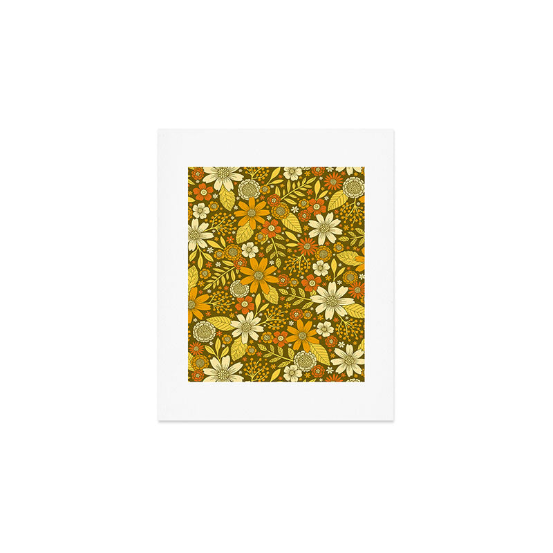 1970s Retro Flowers Pattern in Yellow, Orange & Olive Green Art Print Gallery Image 1