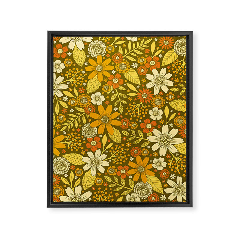 1970s Retro Flowers Pattern in Yellow, Orange & Olive Green Framed Canvas Print Gallery Image 8