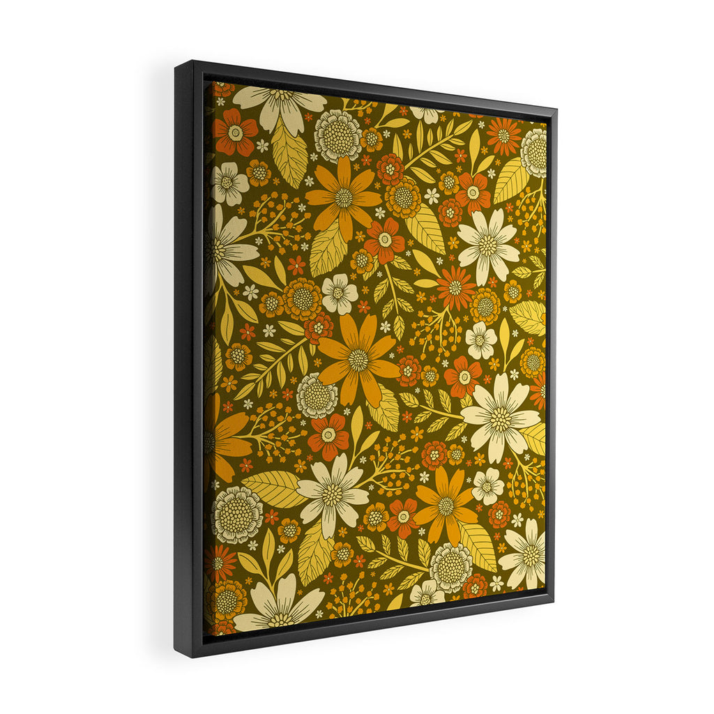 1970s Retro Flowers Pattern in Yellow, Orange & Olive Green Framed Canvas Print Gallery Image 2