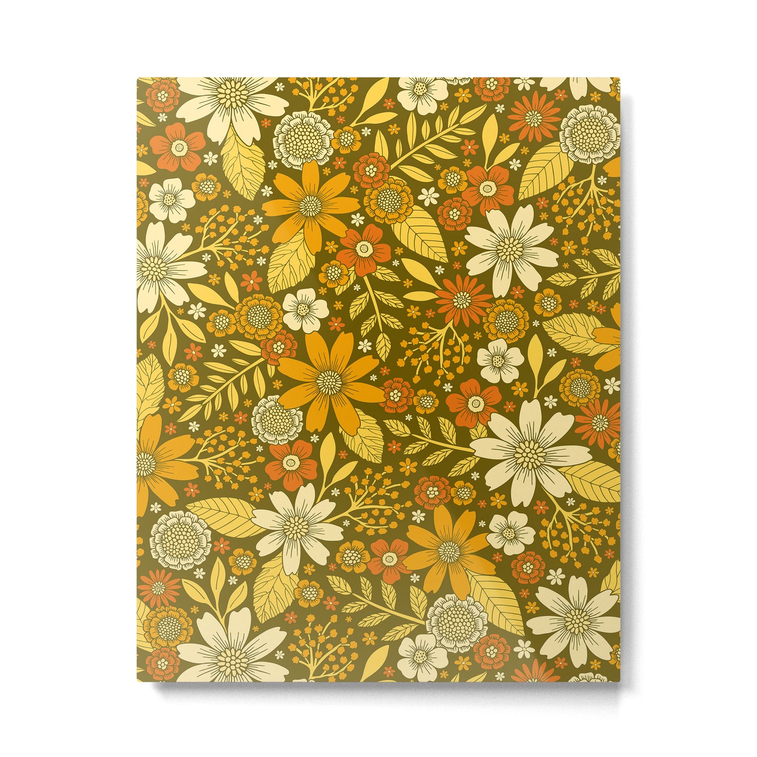 1970s Retro Flowers Pattern in Yellow, Orange & Olive Green Metal Print Gallery Image 6