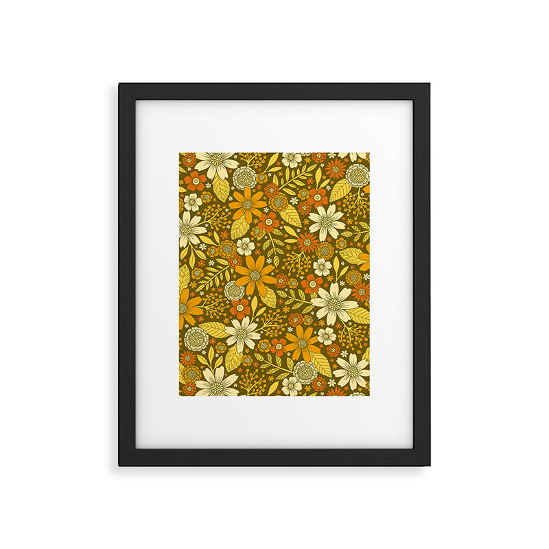1970s Retro Flowers Pattern in Yellow, Orange & Olive Green Framed Art Print Gallery Image 6