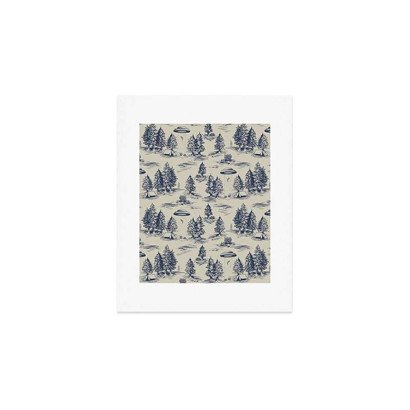 Alien Abduction Toile De Jouy Pattern in Blue Art Print Gallery Image 1