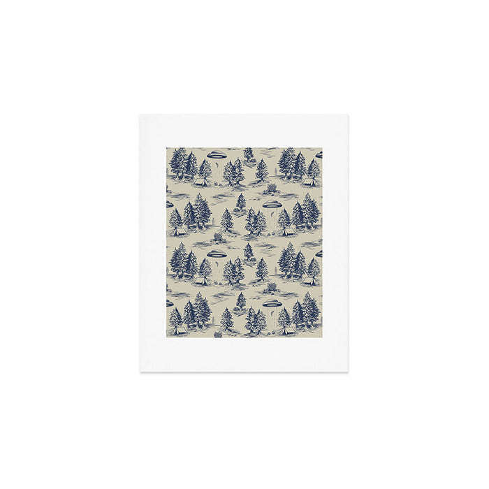 Alien Abduction Toile De Jouy Pattern in Blue Art Print Gallery Image 1