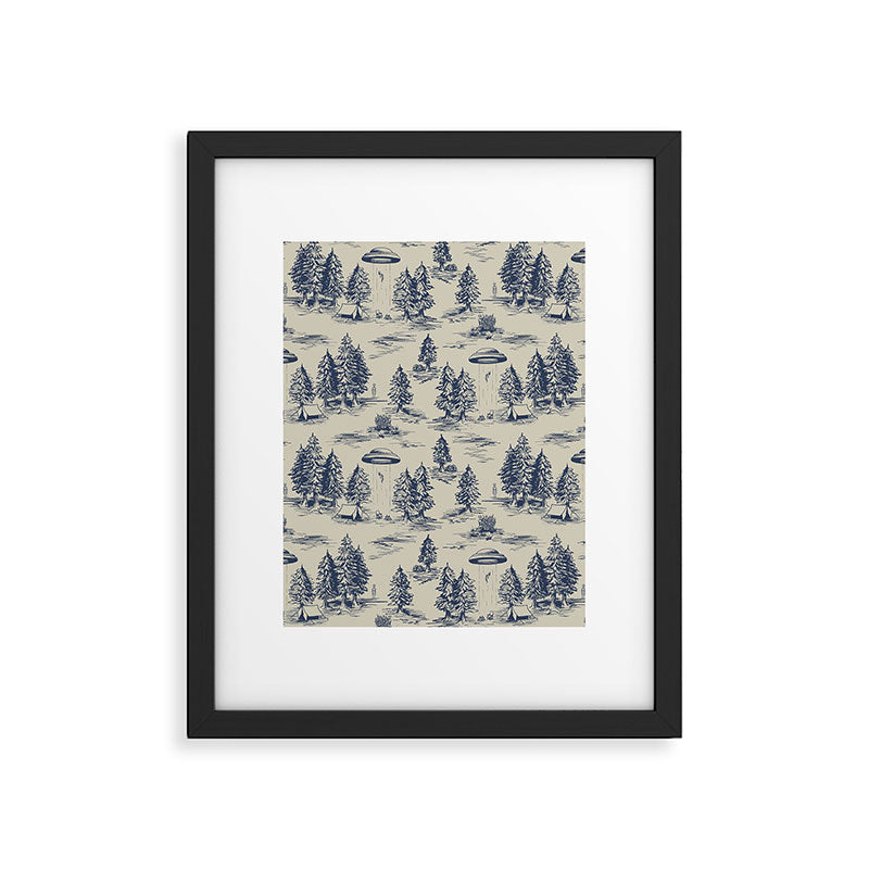 Alien Abduction Toile De Jouy Pattern in Blue Framed Art Print Gallery Image 4