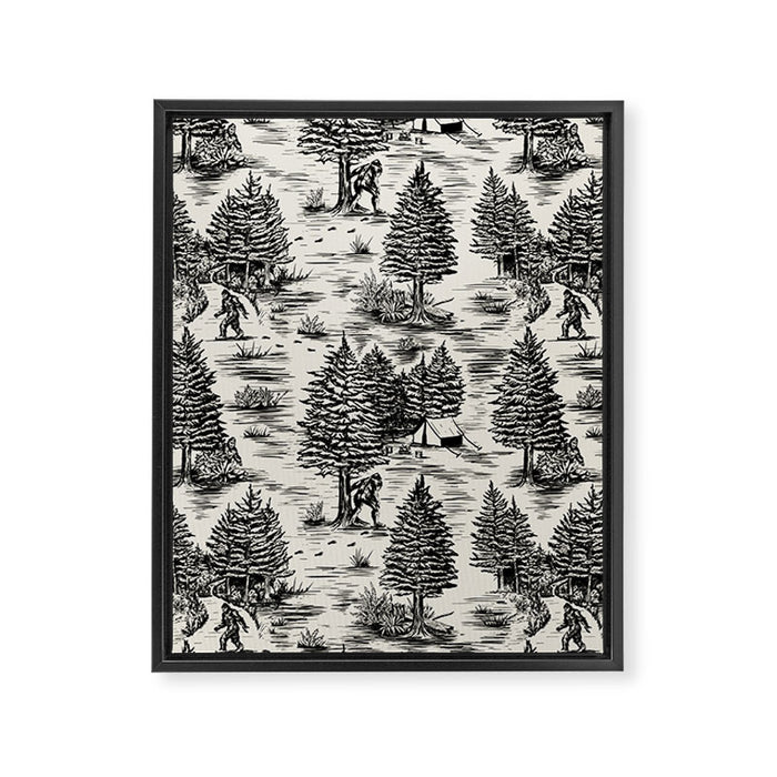 Bigfoot / Sasquatch Toile de Jouy in Black Framed Canvas Print Gallery Image 1