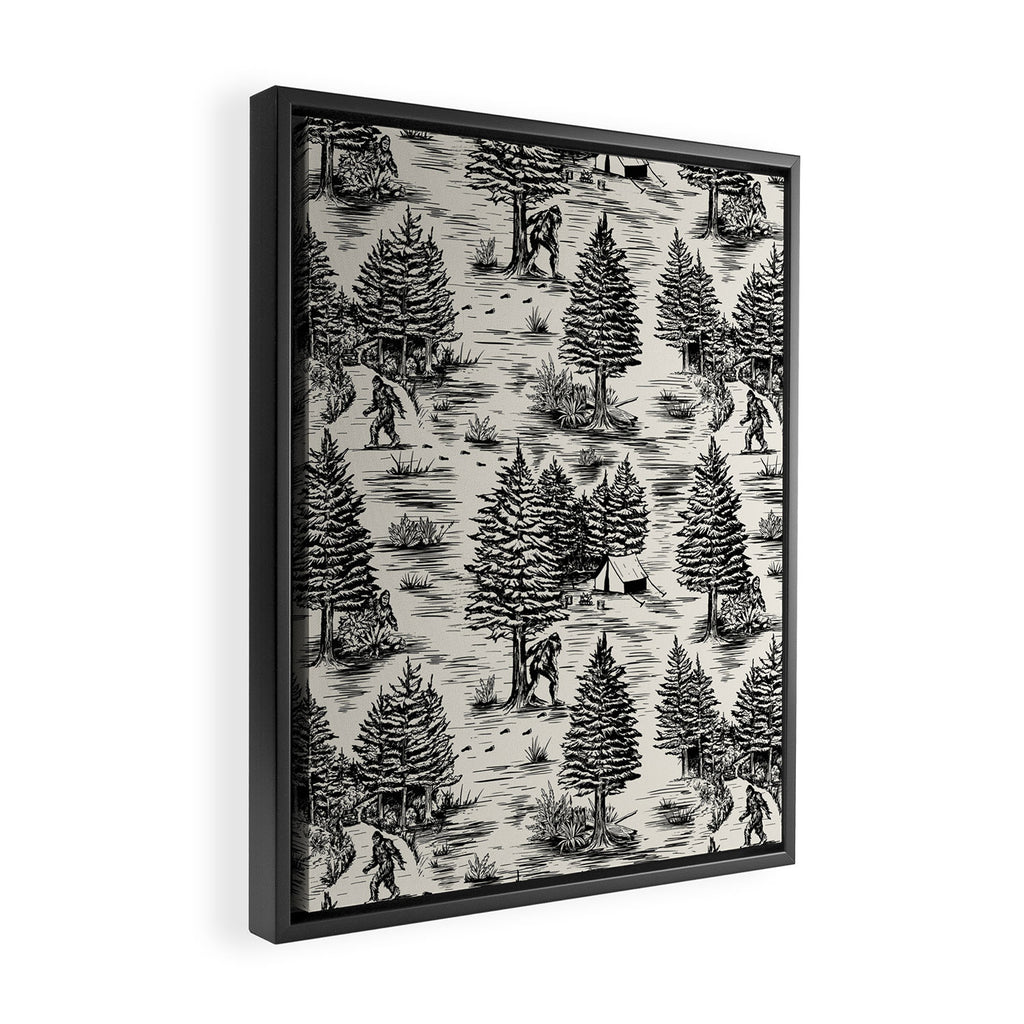 Bigfoot / Sasquatch Toile de Jouy in Black Framed Canvas Print Gallery Image 2