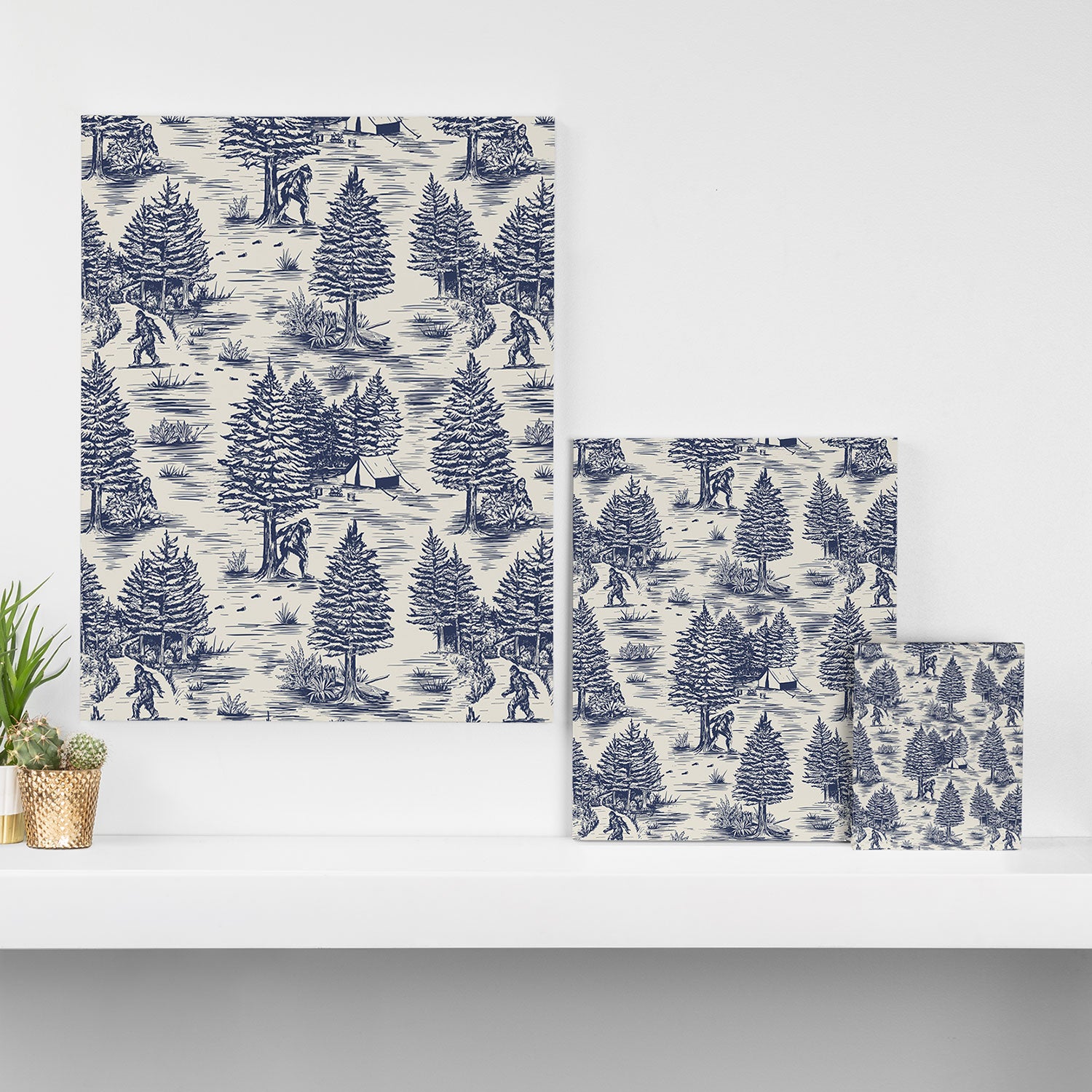 Bigfoot / Sasquatch Toile de Jouy in Blue Canvas Print Gallery Image 3